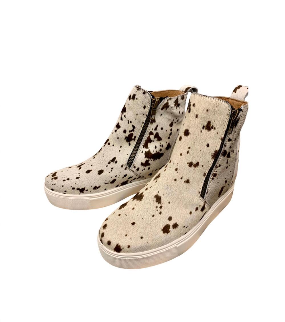 NEW ALCALA'S BOOTS women's holly cowhair salt and pepper hightop boots in white/